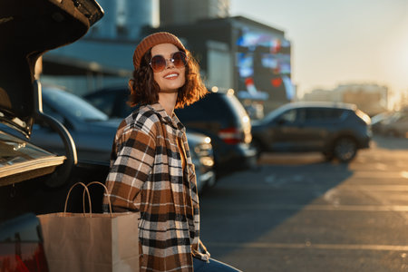 Woman shopping at car in parking lot with bags, smile and sunlight; candid lifestyle portrait with authenticity, mindful living and golden hour glow capturing emotional storytelling.の写真素材
