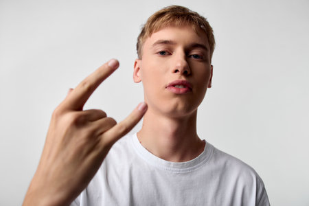 Young man in a white tshirt making a rock gesture, close up shot with bold expression and attitude, casual studio image highlighting hand sign and confidence.の写真素材