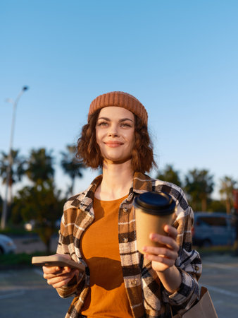 Woman with coffee and phone smiling in warm golden hour glow, candid authenticity and lifestyle portrait of mindful living, emotional storytelling in an urban casual outfit.の写真素材
