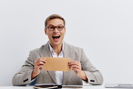 excited man holding envelope celebrate success wearing glasses checkered blazer white shirt sitting at table digital detox happy emotion clean backgroundの写真素材