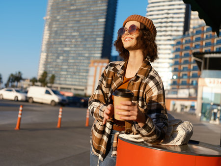 Woman holding coffee on urban street at golden hour, smiling in candid portrait with sunlight and cozy fashion; authenticity, mindful living and emotional storytelling in a relaxed city lifestyle.の写真素材