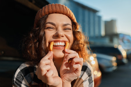 Smiling woman in a beanie holds a snack to her teeth in a playful candid urban portrait with golden hour glow, authenticity and emotional storytelling for mindful living lifestyle.の写真素材