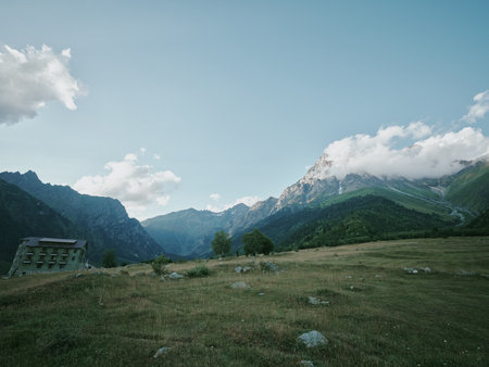 Mountain landscape, meadow, building, valley, clouds, sky, rural, grass, nature, scenery, expansive...