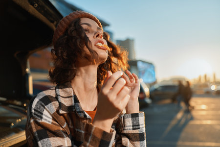 woman portrait urban car smile beanie candid sunset happiness jacket captured in golden hour glow, a candid lifestyle image of authenticity and emotional storytelling as she enjoys open trunk light.の写真素材
