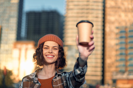 Woman holding coffee cup with smile in urban streets at golden hour, beanie and plaid jacket, candid lifestyle portrait with authenticity, mindful living and emotional storytelling.の写真素材