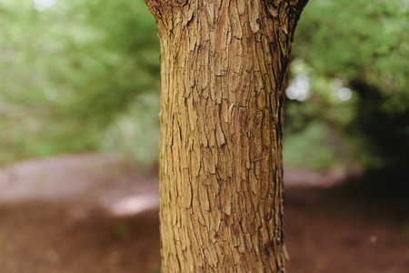 Tree bark trunk closeup in nature and forest, detailed wood texture and rough surface on tree, natural pattern and mossy brown tones with blurred green background and soft light.の写真素材