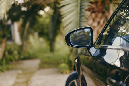 Car side mirror on a shaded driveway with palm trees and reflection on wet glass, closeup exterior detail showing glossy paint and tropical outdoor settingの写真素材
