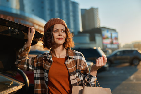 Woman shopping by car trunk in urban street at golden hour, candid portrait and lifestyle moment showing authenticity, mindful living and emotional storytelling with warm glow.の写真素材