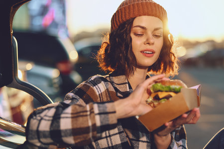 Woman with burger by car at golden hour, beanie and candid outdoor portrait conveying authenticity, candid lifestyle, golden hour glow, mindful living and emotional storytelling.の写真素材