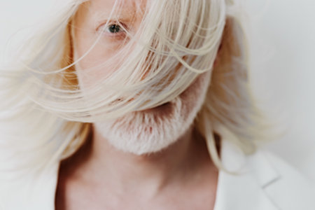 elderly man with long white hair and beard, soft focus background, serene expression, highlighting age and wisdom, minimalistic and artistic representation, emotional connection with viewerの写真素材