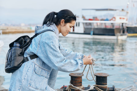Woman in denim jacket tying rope at a seaside dock, beside mooring bollards and a calm harbor, with a backpack, suggesting travel, exploration and maritime work by the water.の写真素材