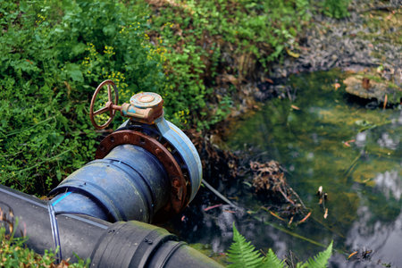 Pipe valve and water near rusted flange with visible leak at pond edge, industrial pipe discharging into shallow pond among vegetation, wetland contamination and muddy bank detail.の写真素材