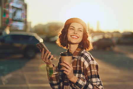 Woman holding coffee and smartphone, smiling in golden hour urban street, candid beanie portrait conveying authenticity, mindful living and emotional storytelling with warm glow.の写真素材
