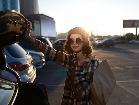 woman shopping car parking sunset sunglasses in urban lot, candid lifestyle portrait with authenticity and golden hour glow, mindful living vibe and emotional storytelling momentの写真素材