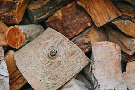 Firewood woodpile logs stacked wood bark texture split wood in a rustic backyard scene, chopped by a...