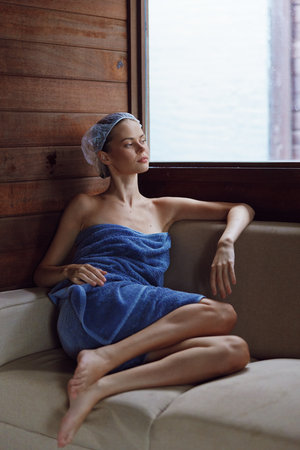 young woman wrapped in blue towel relaxing indoors beside window, natural light illuminating calm...
