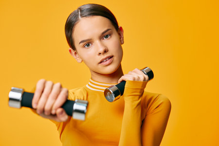 Young woman fitness portrait holding two chrome dumbbells, wearing mustard long sleeve top, focused gaze and poised posture against a vibrant orange studio background, active lifestyle.の写真素材