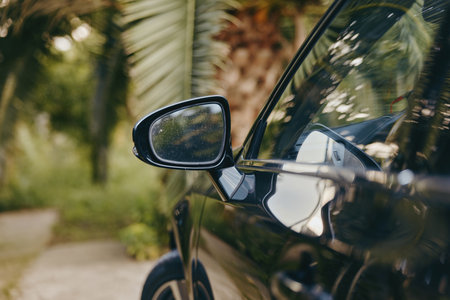 Car side mirror with water droplets on black car door, closeup reflection of palm trees, summer tropical drive, wet vehicle exterior and blurred green backgroundの写真素材
