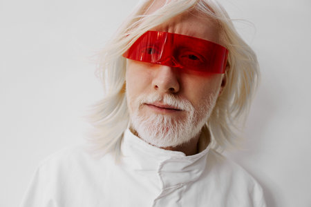 Futuristic portrait of an elderly man wearing red tinted glasses against a plain white background,...