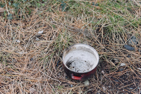 Cup burnt on the ground among pine needles outdoors, showing char and ash remnants. Closeup of a...