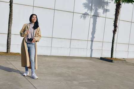 Fashion, streetstyle, coat, outdoors, sunlight, woman, casual, urban, scene with beige trench and...