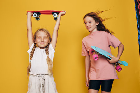 Girls, skateboards and play with bright background for childhood fun and active lifestyle. Children...
