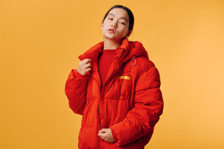 Young woman in red puffer jacket posing with eyes closed on orange background for fashion, style,...