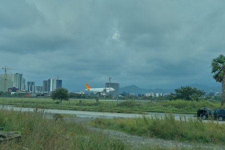 Airplane on a runway amid grassy field and distant cityscape under cloudy skies, illustrating...