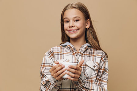 Girl smiling happily and holding white mug with both hands wearing plaid shirt on beige background. Portrait of cheerful child enjoying warm drink in cozy outfit indoors.の写真素材