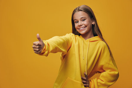 Girl in yellow hoodie smiling and showing thumbs up gesture with one hand on waist against bright...