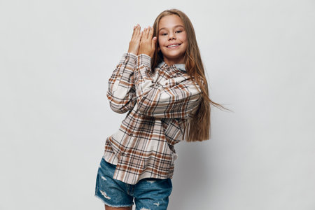 Girl with long hair smiling and posing with crossed hands wearing plaid shirt and jeans shorts on light gray background in studio. Child casual clothing and happiness.の写真素材