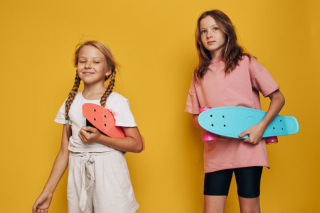 Two young girls stand against a yellow background holding colorful skateboards. They wear casual...