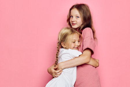 Two happy girls hugging against a pink background. Older girl looks at camera while younger girl smiles with eyes closed.の写真素材