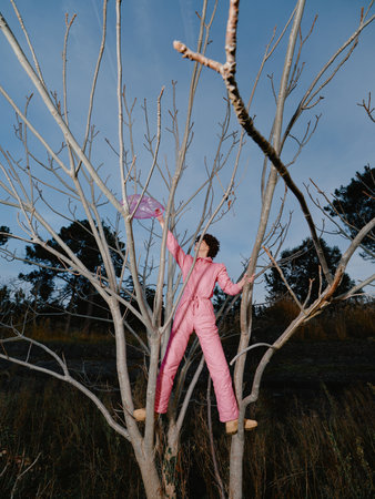 Child climbing a leafless tree in pink jumpsuit, reaching for a kite against a clear blue sky, outdoor play and balance in a open field during windy dayの写真素材