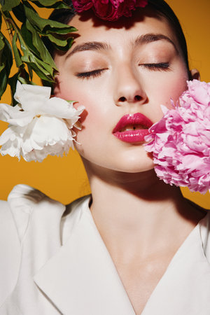 Close-up portrait of a young woman with bright topical makeup and closed eyes framed by vivid colorful flowers on a yellow background. Concept of beauty fashion creativity.の写真素材