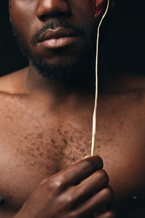 African man with dark skin holding a red flower close to his face in a creative conceptual visual style. Closeup portrait with bare chest and artistic expression on black background.の写真素材