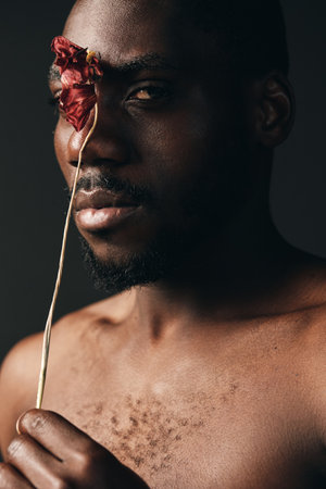 Creative conceptual portrait of African man with dark skin holding dried flower near face in studio....