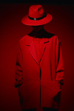 Fashionable person with hidden face wears red oversized jacket and fedora hat in moody studio lighting. Creative beauty and fashion editorial concept.の写真素材