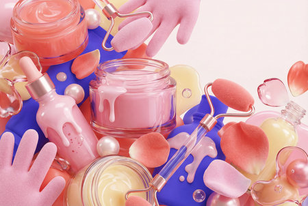 Various skincare products including moisturizing creams, serums, and rollers with soft pink tones arranged on a vibrant blue surface. Concept of beauty, self-care, and facial treatment tools.の素材