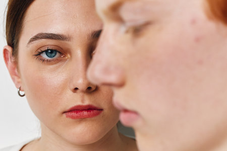 Portrait of woman with blue eye and red lipstick looking directly at camera behind blurred profile...
