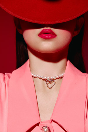 Close-up of a woman with bright red lips and wearing a wide-brimmed hat. She dons a pink shirt and...