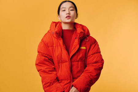 Young woman wearing orange puffer jacket with high collar standing against yellow background looking...