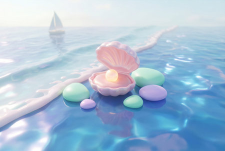A pink open seashell floats on calm blue water with a glowing pearl inside surrounded by pastel stones and soft waves under a clear sky. A small sailboat sails in the background.の素材