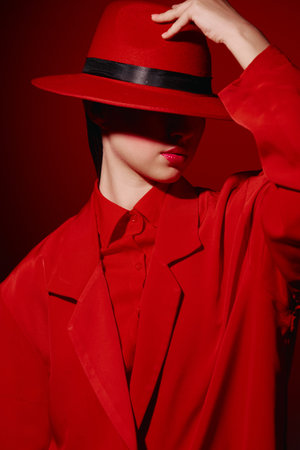 Young woman in a red oversized coat and matching hat partially covers her face. Fashion concept with...