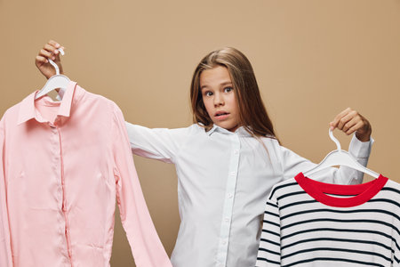 Girl holding two shirts on hangers choosing between pink shirt and striped sweater in casual wardrobe decision at home or store. Clothing, fashion and style options.の写真素材