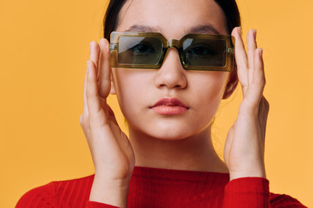 Young woman with dark hair wearing large square sunglasses and red turtleneck sweater standing...