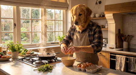 A golden retriever dog wearing a plaid shirt and apron cracks eggs into a bowl in a bright kitchen with natural light. Concept of surreal cooking and pet humanization.の素材