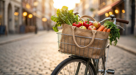 Bicycle with a basket full of fresh vegetables and fruits parked on a cobblestone street during golden hour. Concept for healthy lifestyle, organic food, and sustainable transportation.の素材
