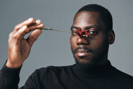 African man holding a spoon with red flower close to his face in creative conceptual visual style....