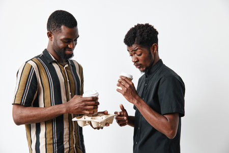 Two young black men with dark skin holding coffee cups and a cardboard tray, standing and smiling...